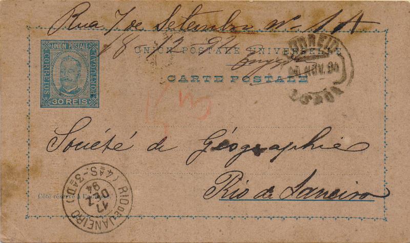 0363 v.jpg -     Lote:    363 (verso)                   Descrição:         1892/95 &mdash; D. Carlos I Diogo Neto. CE15, 30 reis azul. Circulado de Lisboa (20.11.94) para o Rio de Janeiro (11.12.94). Repicado por ACADEMIE ROYALE DES SCIENCES DE LISBONNE. MR.        IC       Valor Base:     &euro; 20,00     Valor Venda:     &euro;      